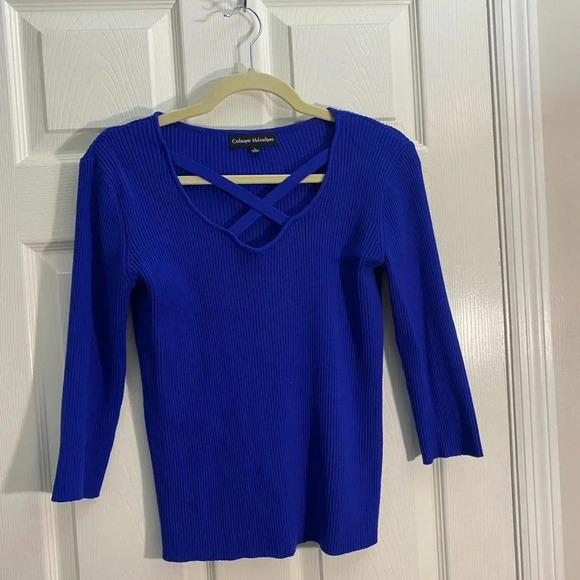 Catherine Malandrino Sweaters - Catherine Malandrino Blue Ribbed Knit Sweater L Criss Cross V Neck Stretch Top